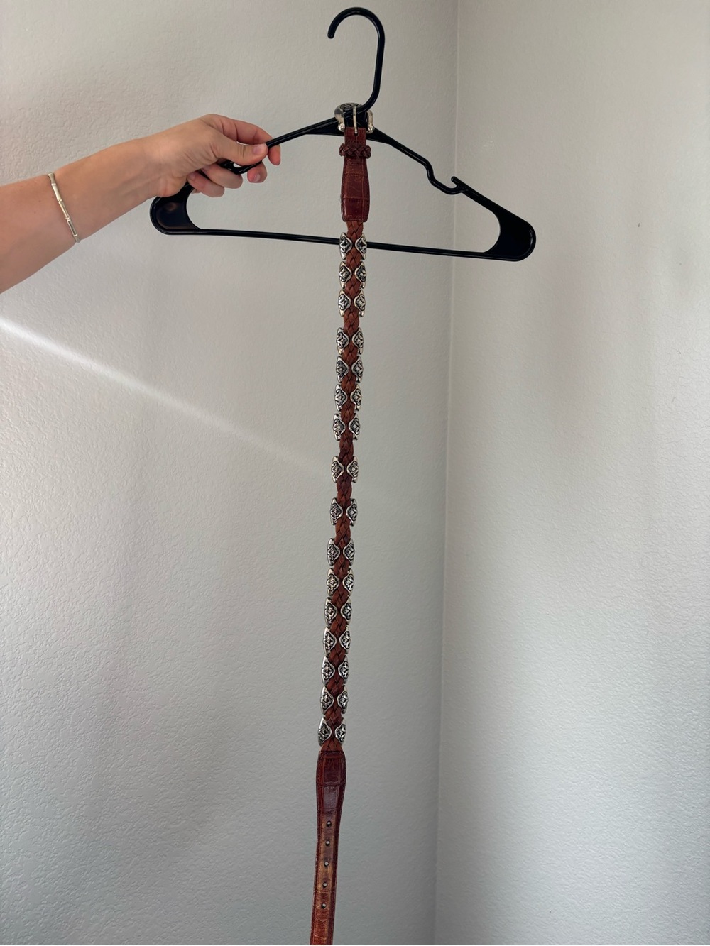 Brown Braided Leather Women's Belt with Silver Accents